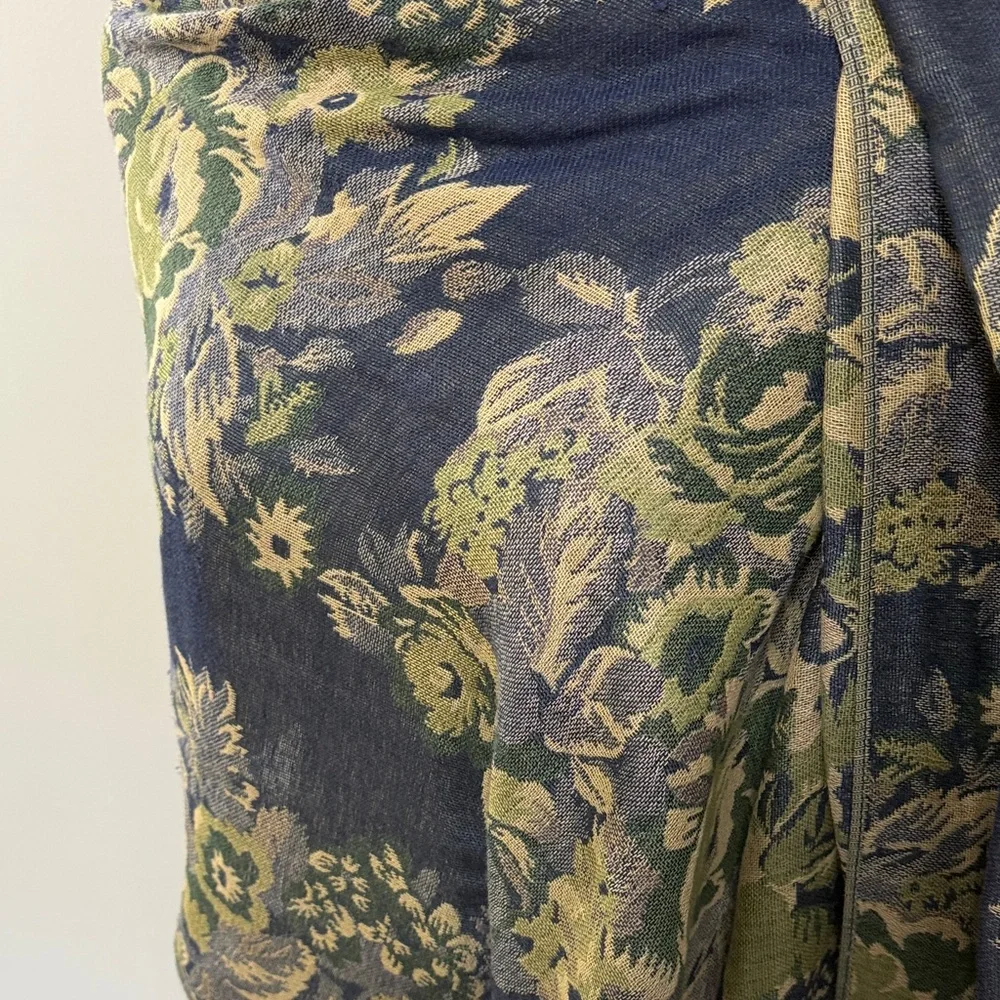 Floral Jacquard Wrap Shawl‎ in Navy and Olive